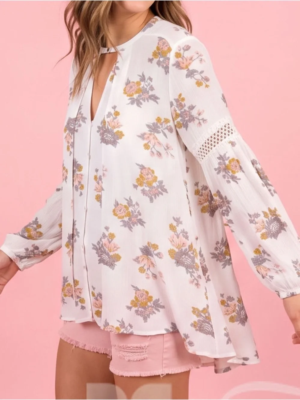 FREE PEOPLE White Tree Swing Gardenia Floral Tunic Blouse Size Small